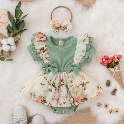 Floral Dress With Bowknot Headband