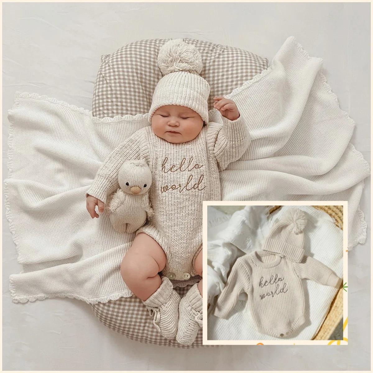 Newborn Romper with Matching Pomp Hat