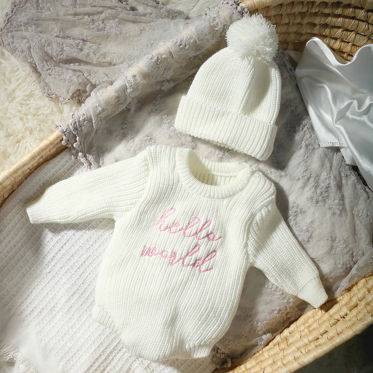 Newborn Romper with Matching Pomp Hat