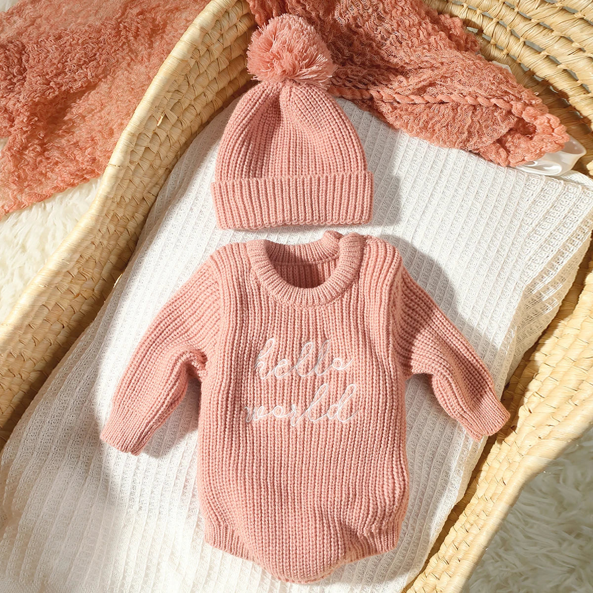 Newborn Romper with Matching Pomp Hat