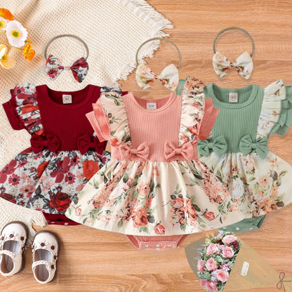 Floral Dress With Bowknot Headband