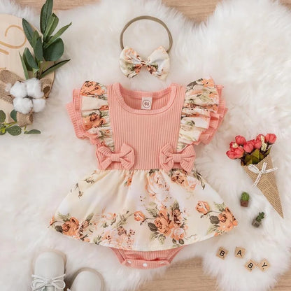 Floral Dress With Bowknot Headband